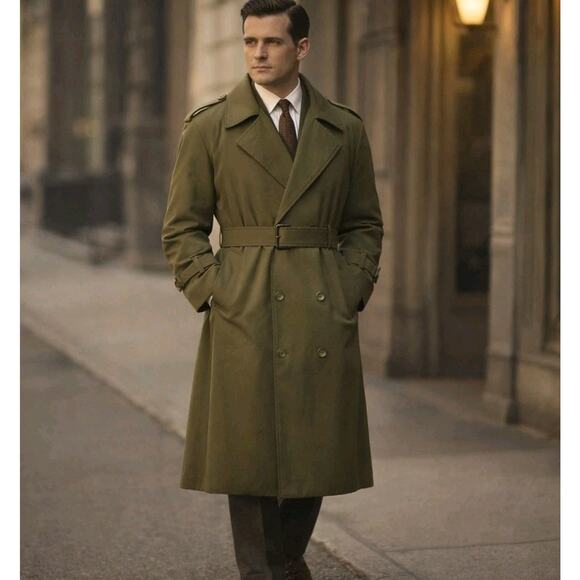 Vintage 70s 80s London Fog Olive Double Breasted Trench Rain Coat Size 42 R
